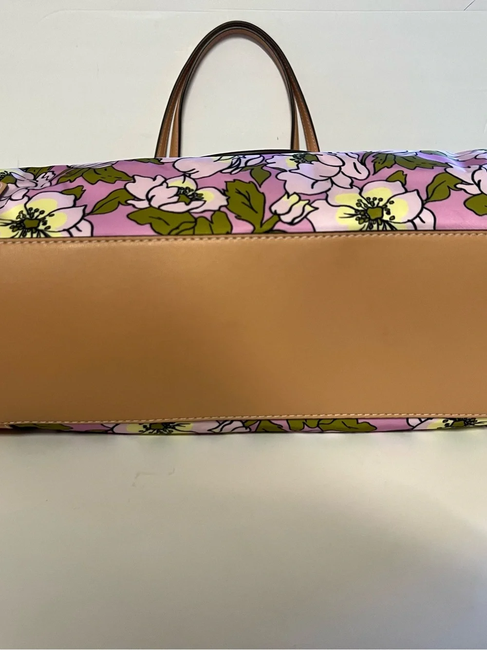 Tory Burch Pink Floral Tote with Tan Leather Trim